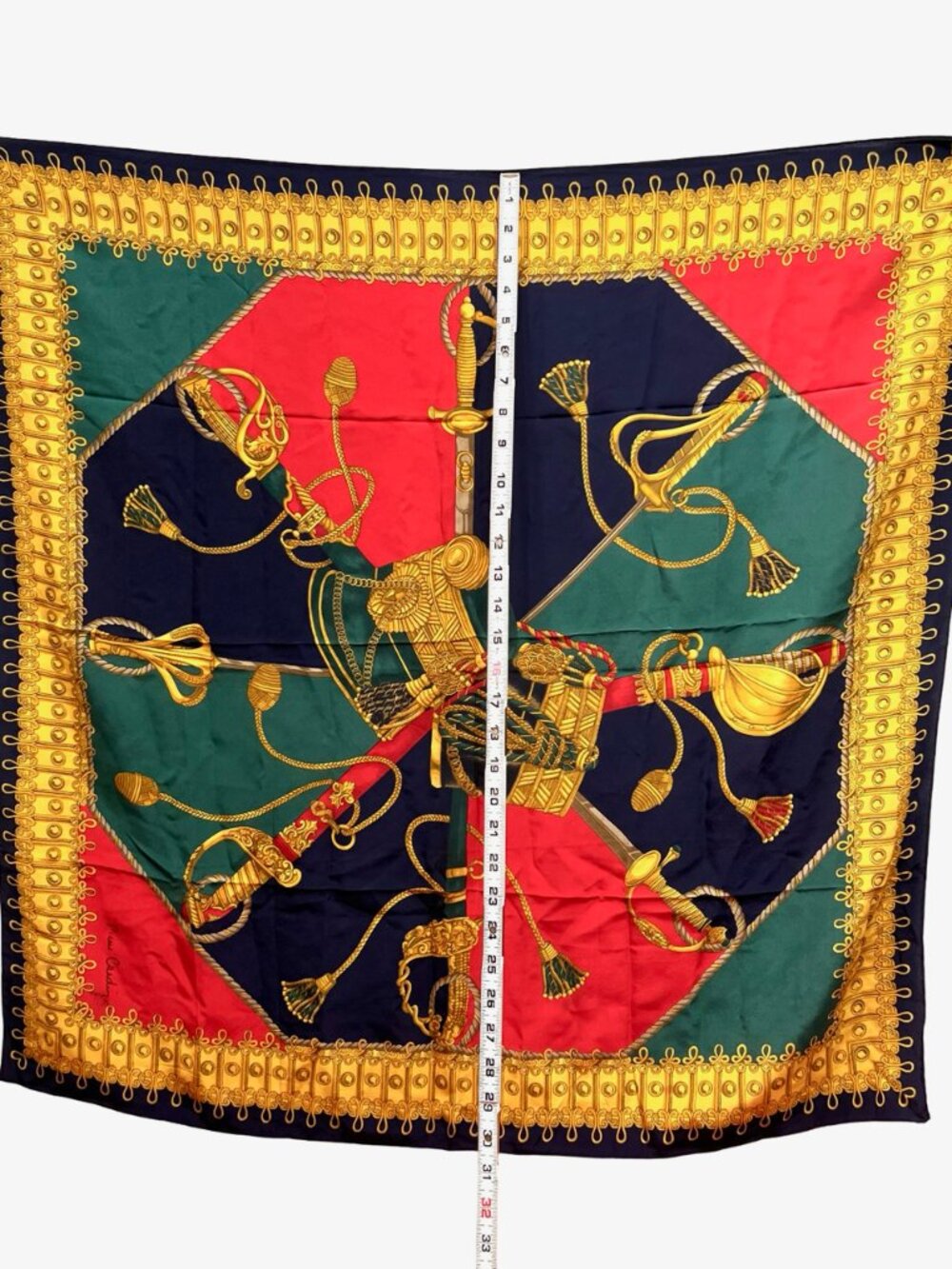 Vintage Pierre Cardin Paris 100% silk satin scarf 34" red black gold green (73 - Picture 7 of 11